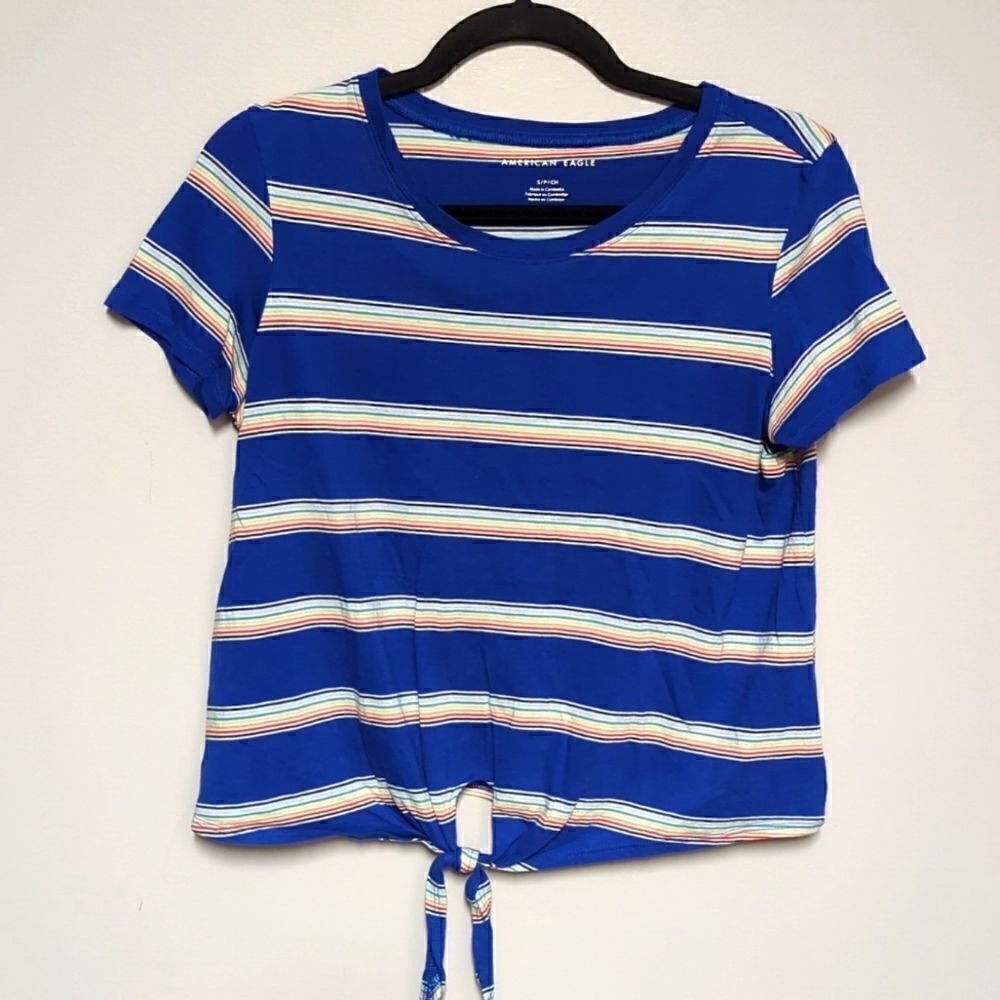 American Eagle Blue Striped Short Sleeve Shirt